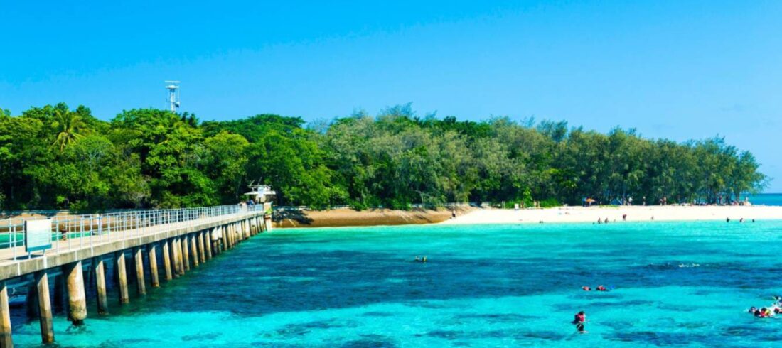 Crystal clear waters and people snorkeling near Green Island, Cairns with lush greenery in the background